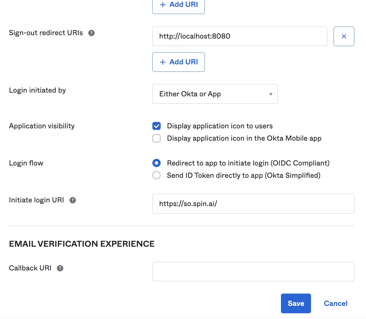 General Settings SpinOne Okta Integration | Spin.AI Screenshot of general settings in Okta for SpinOne integration