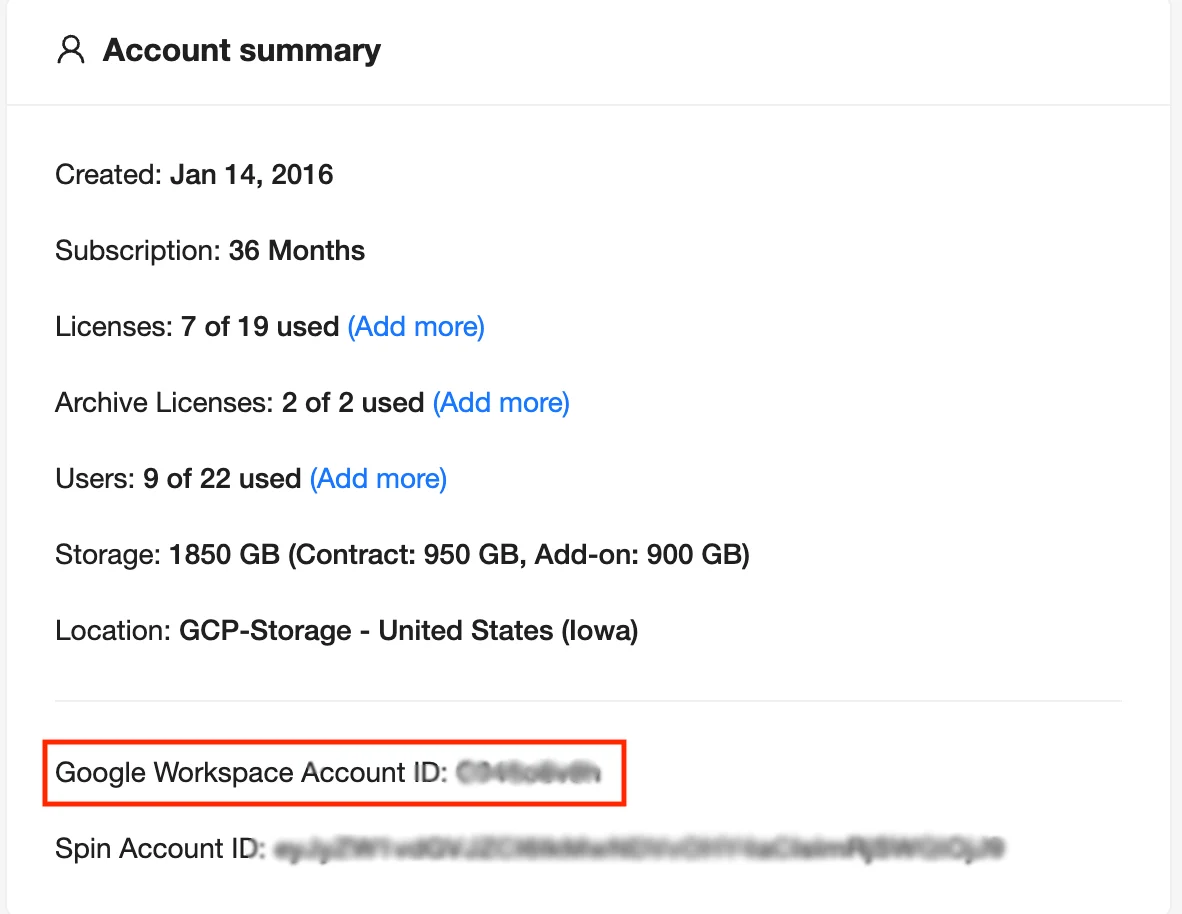 SaaS Account ID Configuration for SpinOne | Spin.AI Screenshot showing SaaS account ID configuration for SpinOne
