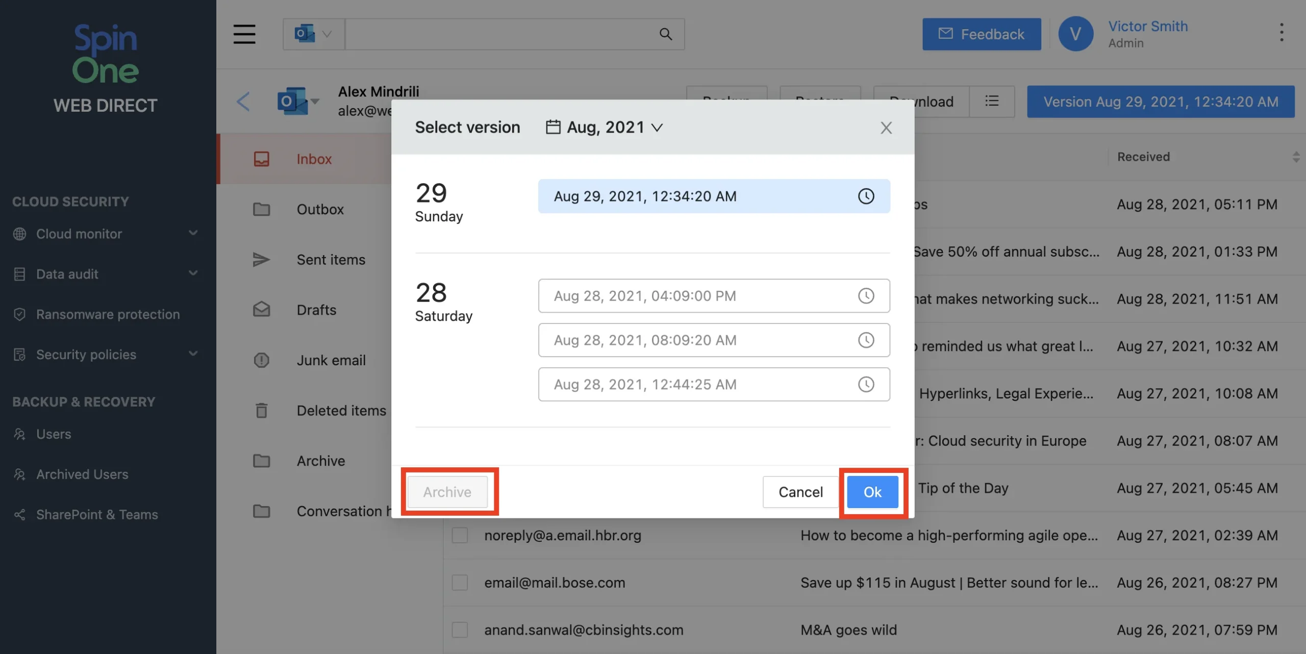 SpinOne Versions Snapshot with File Details | Spin.AI Screenshot showing SpinOne versions snapshot with file details