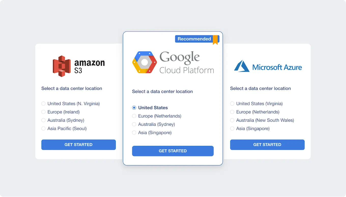 Most Compliance-Friendly Cloud Backup | Spin.AI Cards for AWS, Google Cloud, and Microsoft Azure showing selectable data-center regions—illustrating compliance-friendly cloud backup with BYOS support.