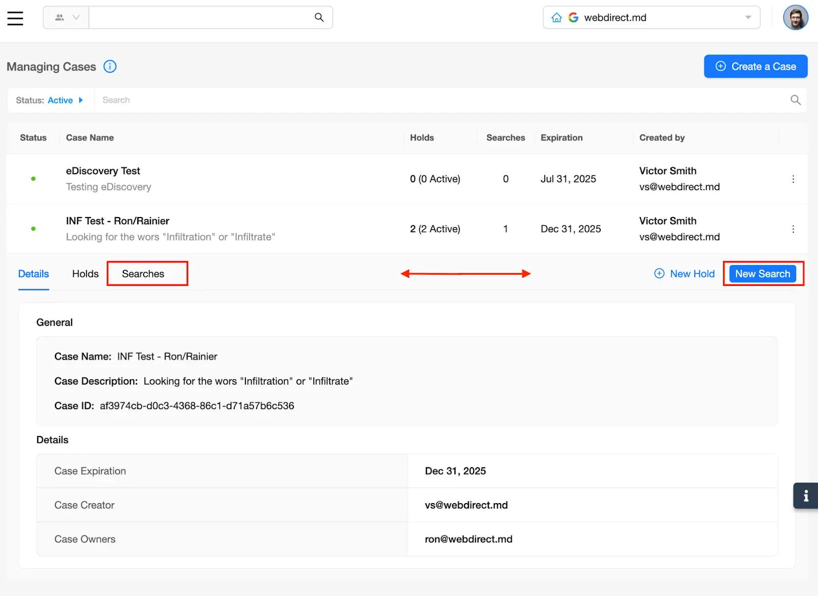 Select New Search to launch an entirely new search within your Case | Spin.AI Case dropdown showing Searches and New Search options.
