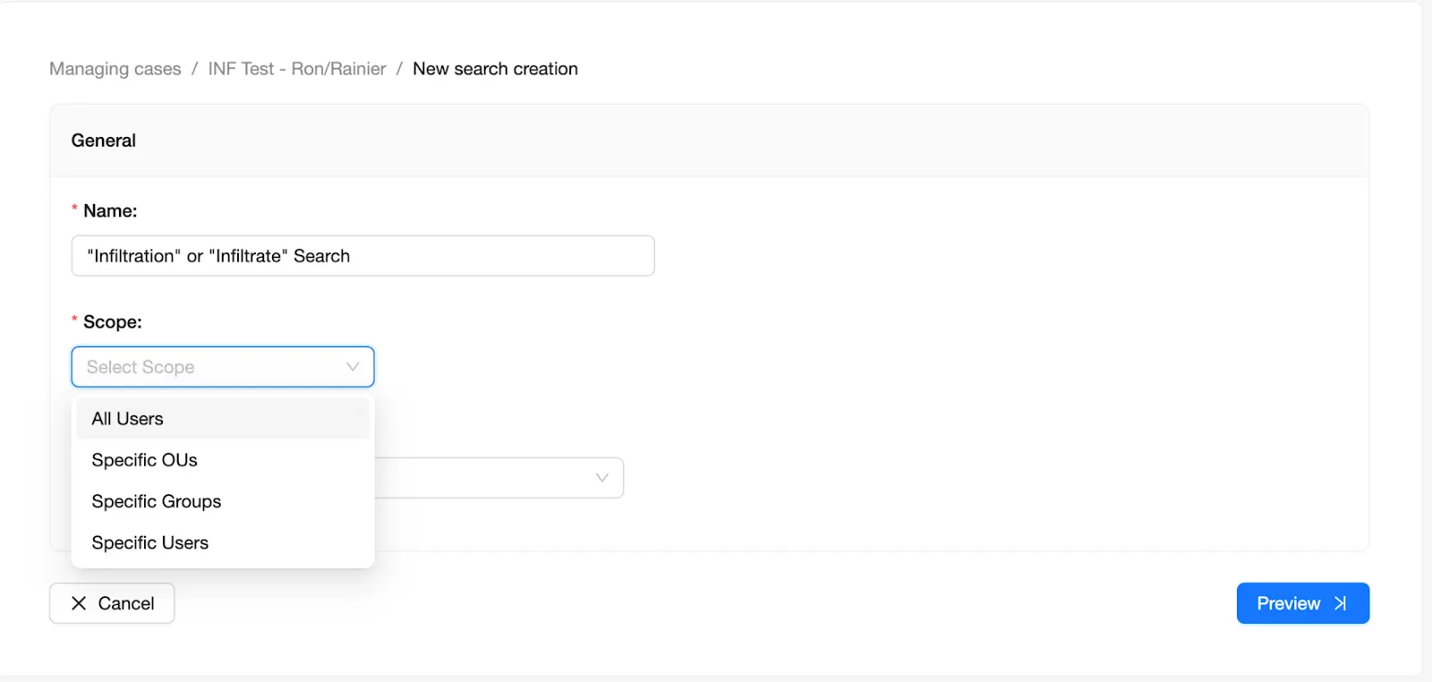 Select the Scope drop down menu | Spin.AI New search form with the Scope selector for entities.