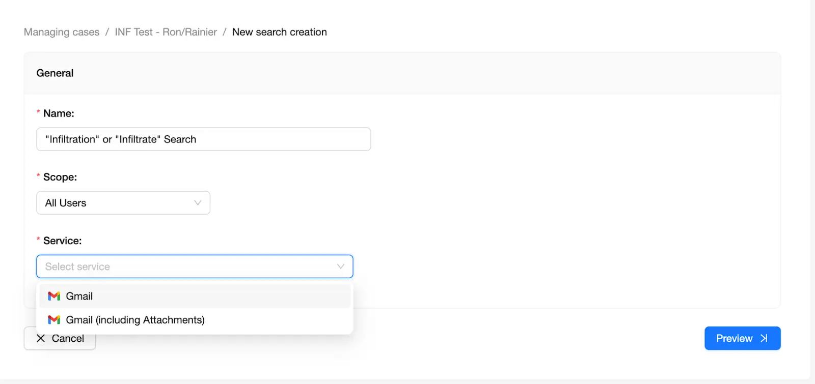 Select the Google Workspace Service | Spin.AI New search form with the Service dropdown (Google Workspace apps).