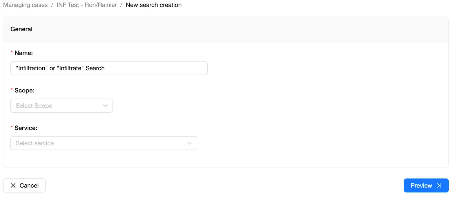 Set the Name of the search | Spin.AI New search form with the Name field.