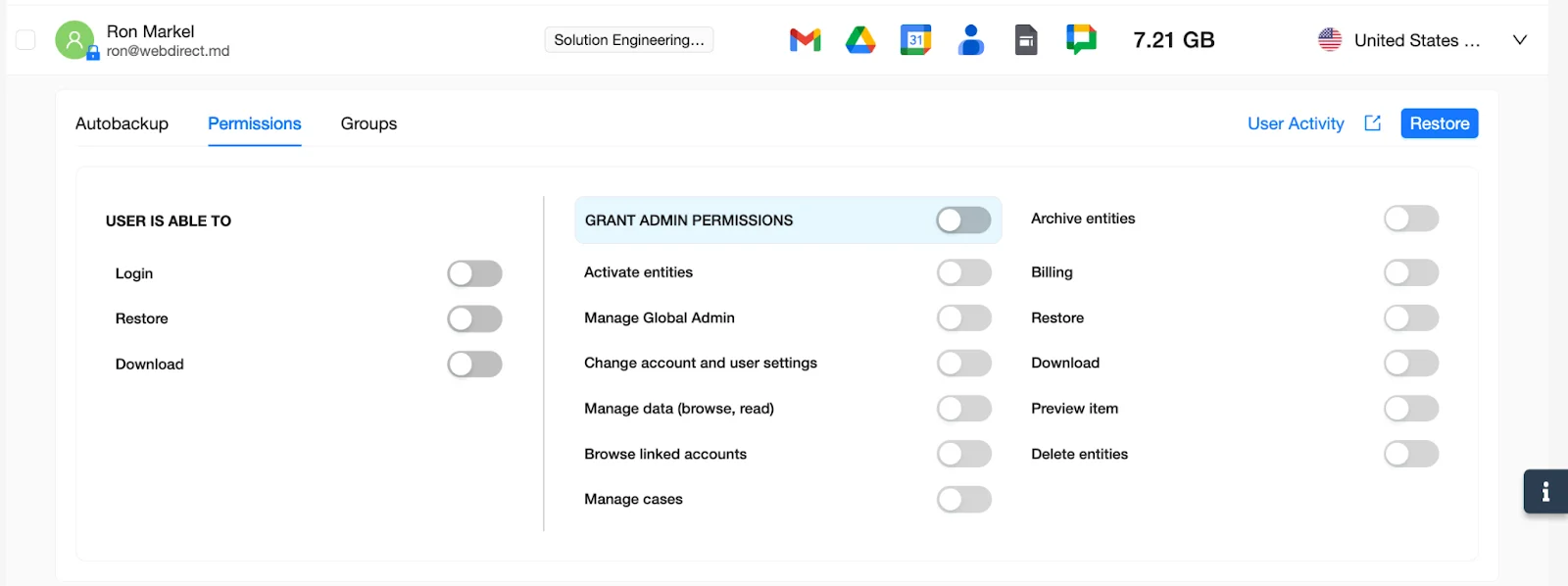 SpinBackup Dashboard - Grant Admin Permissions | Spin.AI User details view with Permissions panel/option open.