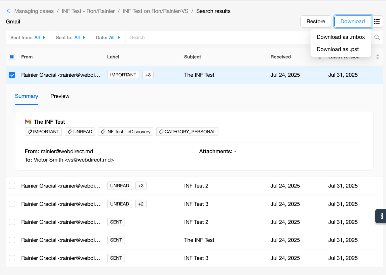 eDiscovery Search Results - Download Search | Spin.AI Download dialog to locally export the selected search results.