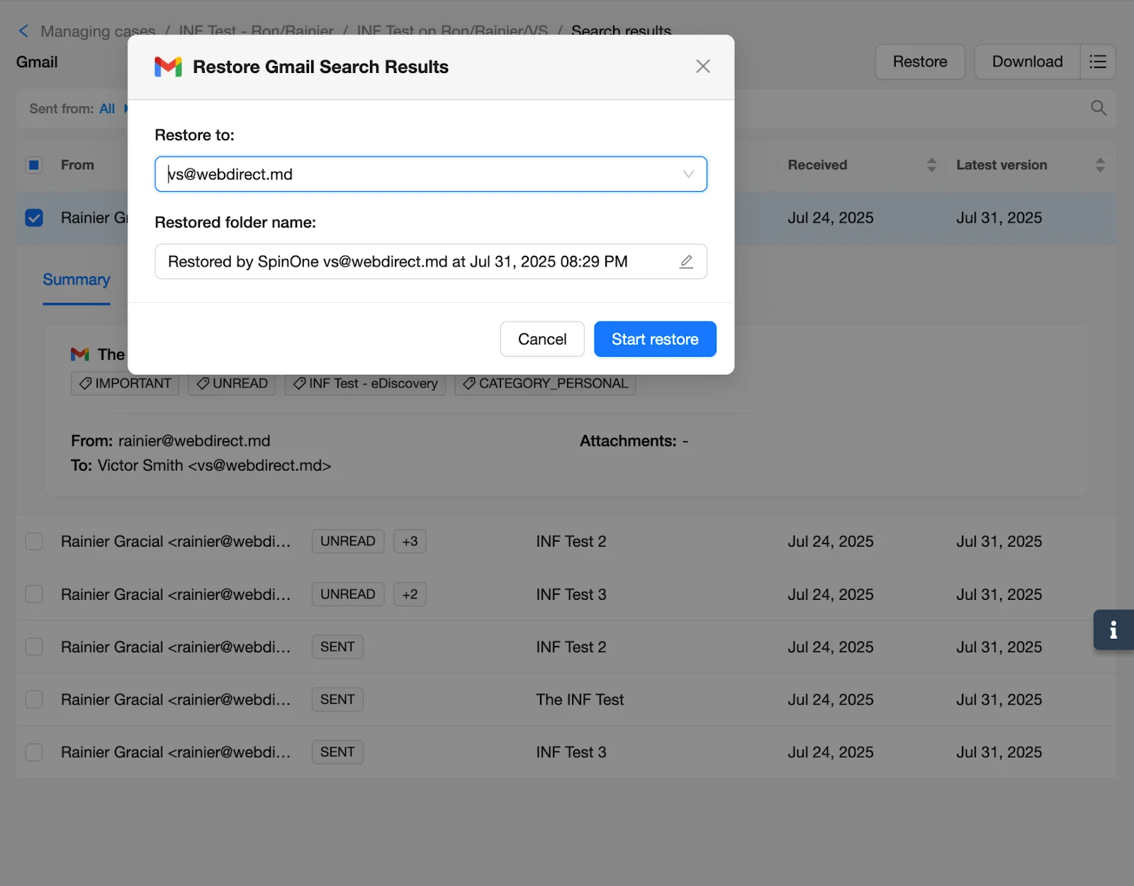 eDiscovery Search Results - Restore Gmail Search | Spin.AI Restore dialog showing destination user for sending data back to live.
