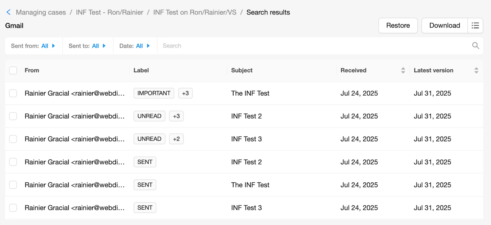 eDiscovery Search Results | Spin.AI Search results table listing all matched items for the case.