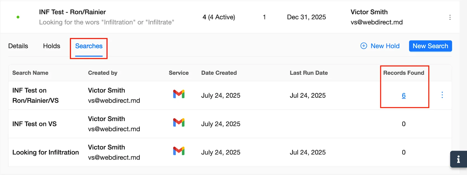 eDiscovery Dashboard - Searches | Spin.AI Searches tab showing a results count as a blue hyperlink.