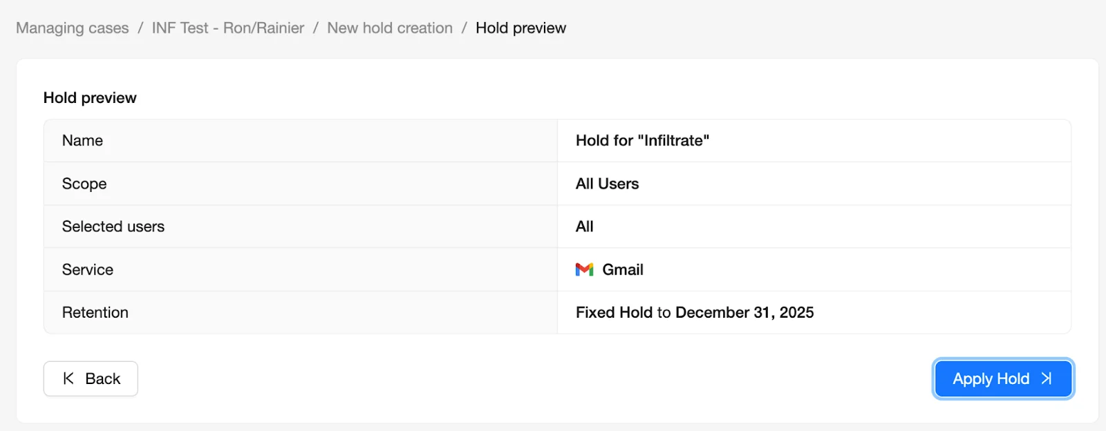 eDiscovery Dashboard - Apply Hold | Spin.AI Hold review screen with Apply Hold button.
