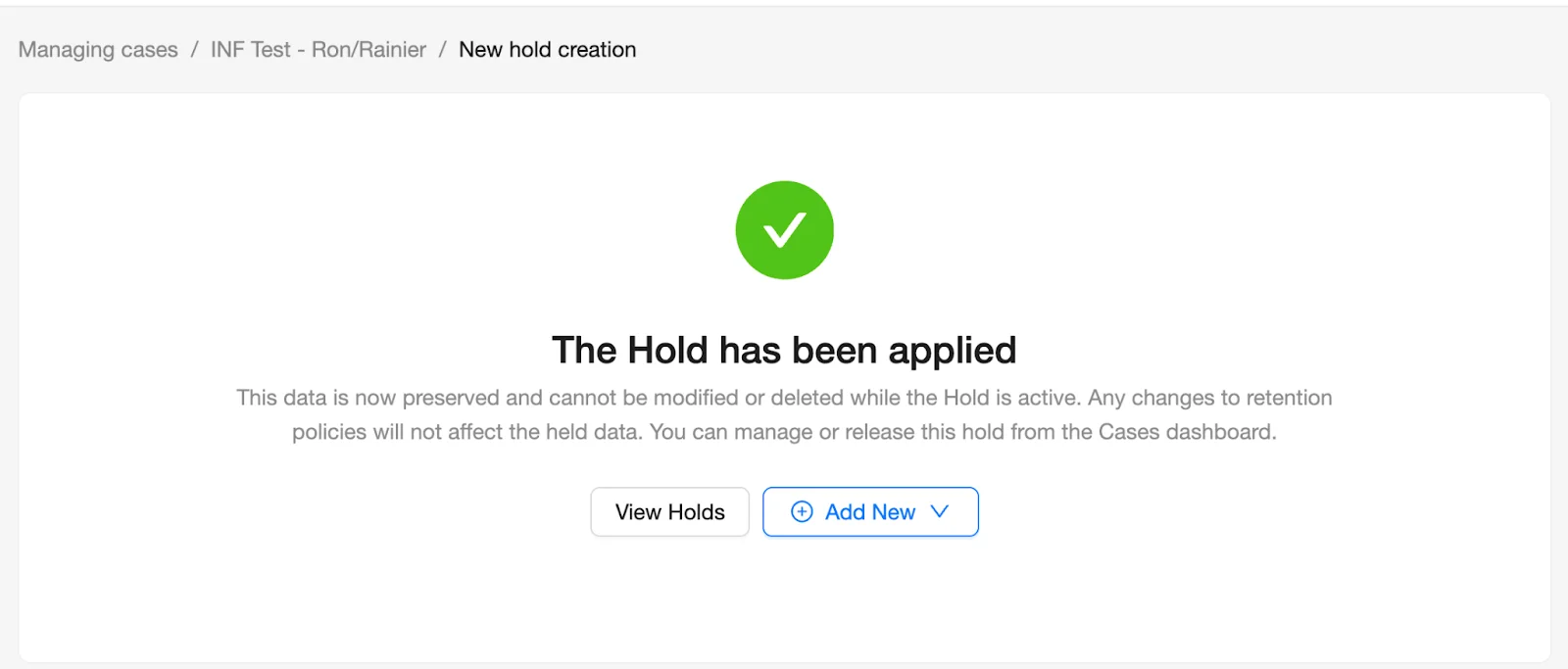 eDiscovery Dashboard - New Hold Applied! | Spin.AI Holds tab showing the new active hold listed for the case.
