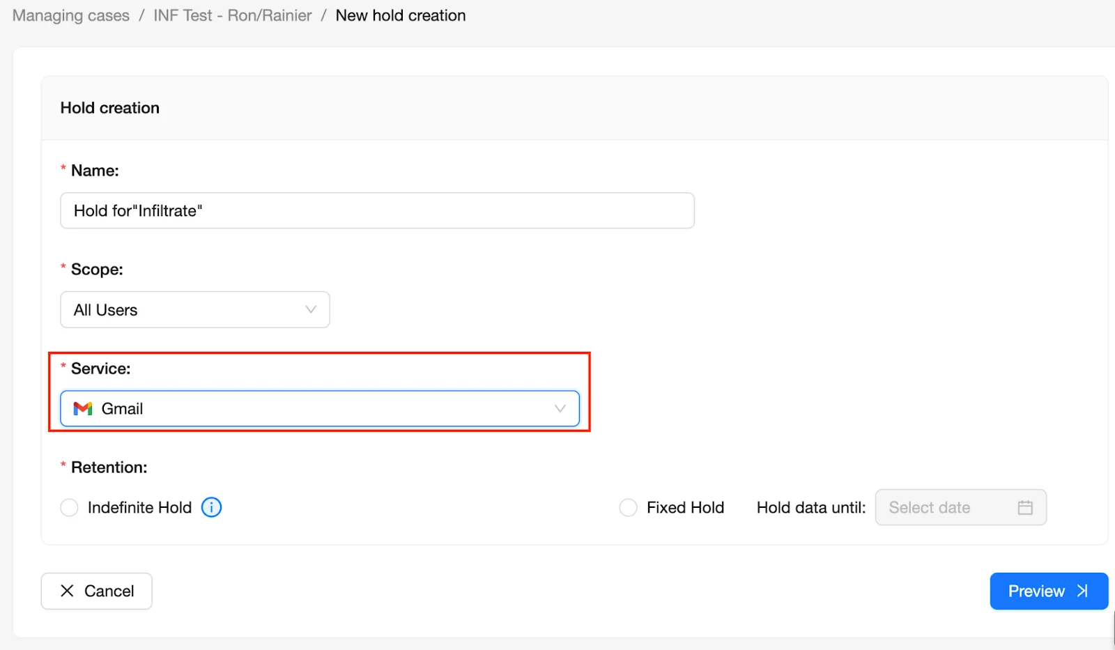 eDiscovery Dashboard - Hold Creation Service | Spin.AI Hold creation form showing the Service dropdown (e.g., Gmail, Drive).