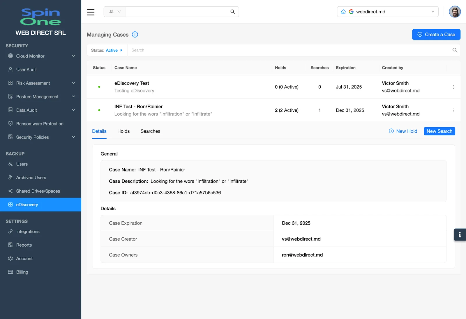 eDiscovery - Managing Cases Details | Spin.AI Case row expanded to show options for Holds and other case items.