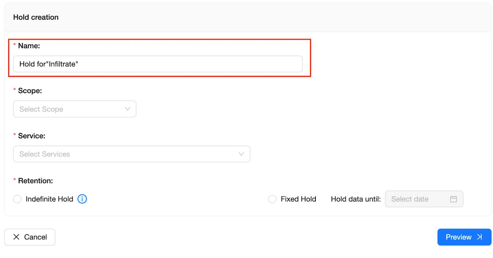 eDiscovery Dashboard - Hold Creation Name | Spin.AI Hold creation form showing the Name field.