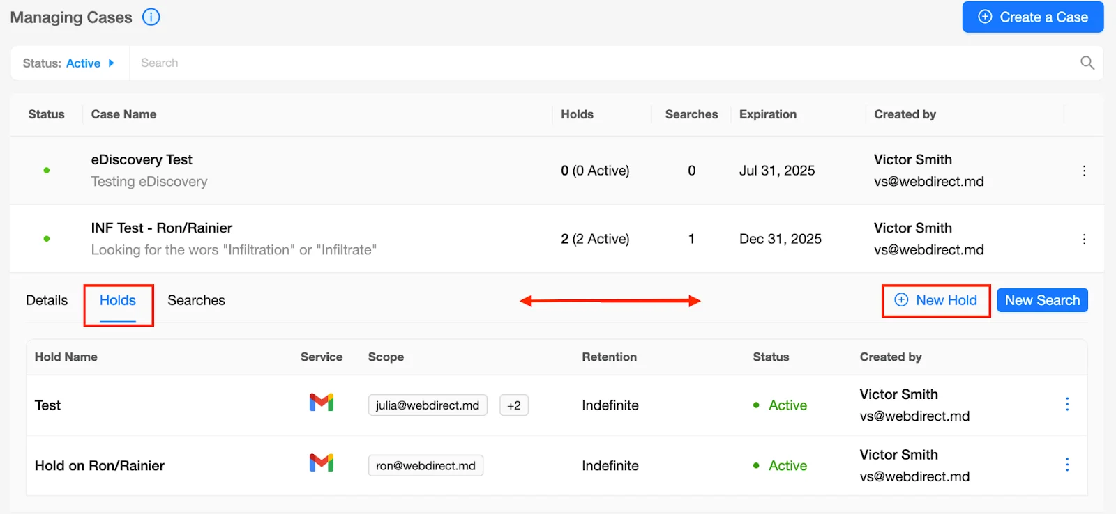 eDiscovery Dashboard - Managing Cases - Holds | Spin.AI Case dropdown with New Hold option highlighted.