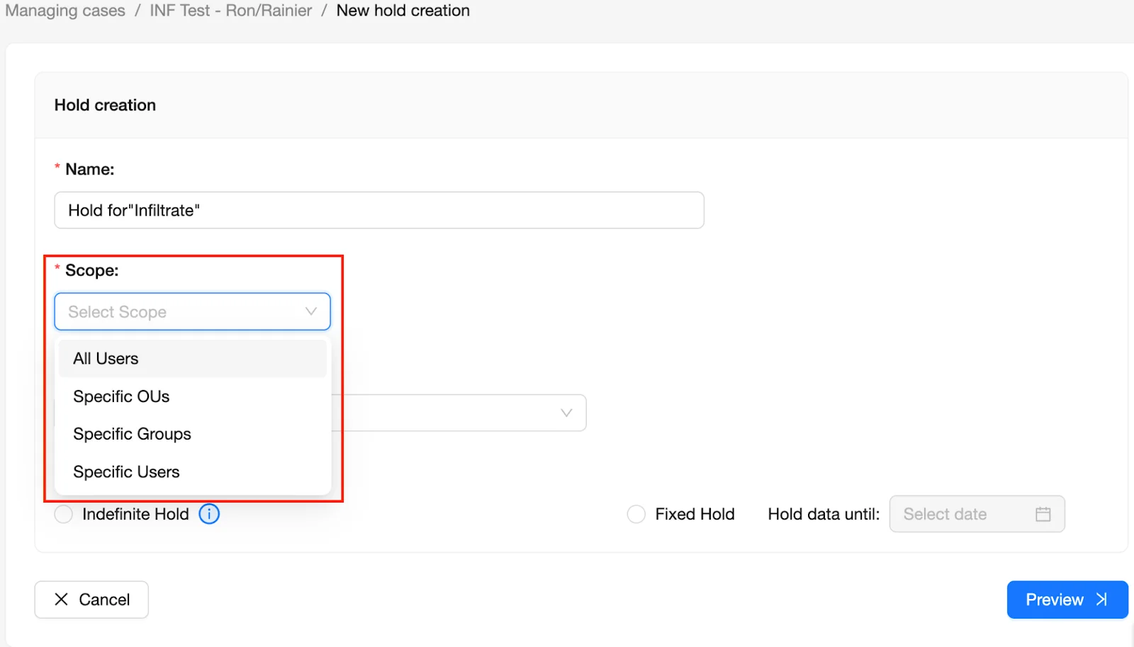 eDiscovery Dashboard - Hold Creation Scope | Spin.AI Hold creation form showing the Scope selector for entities.