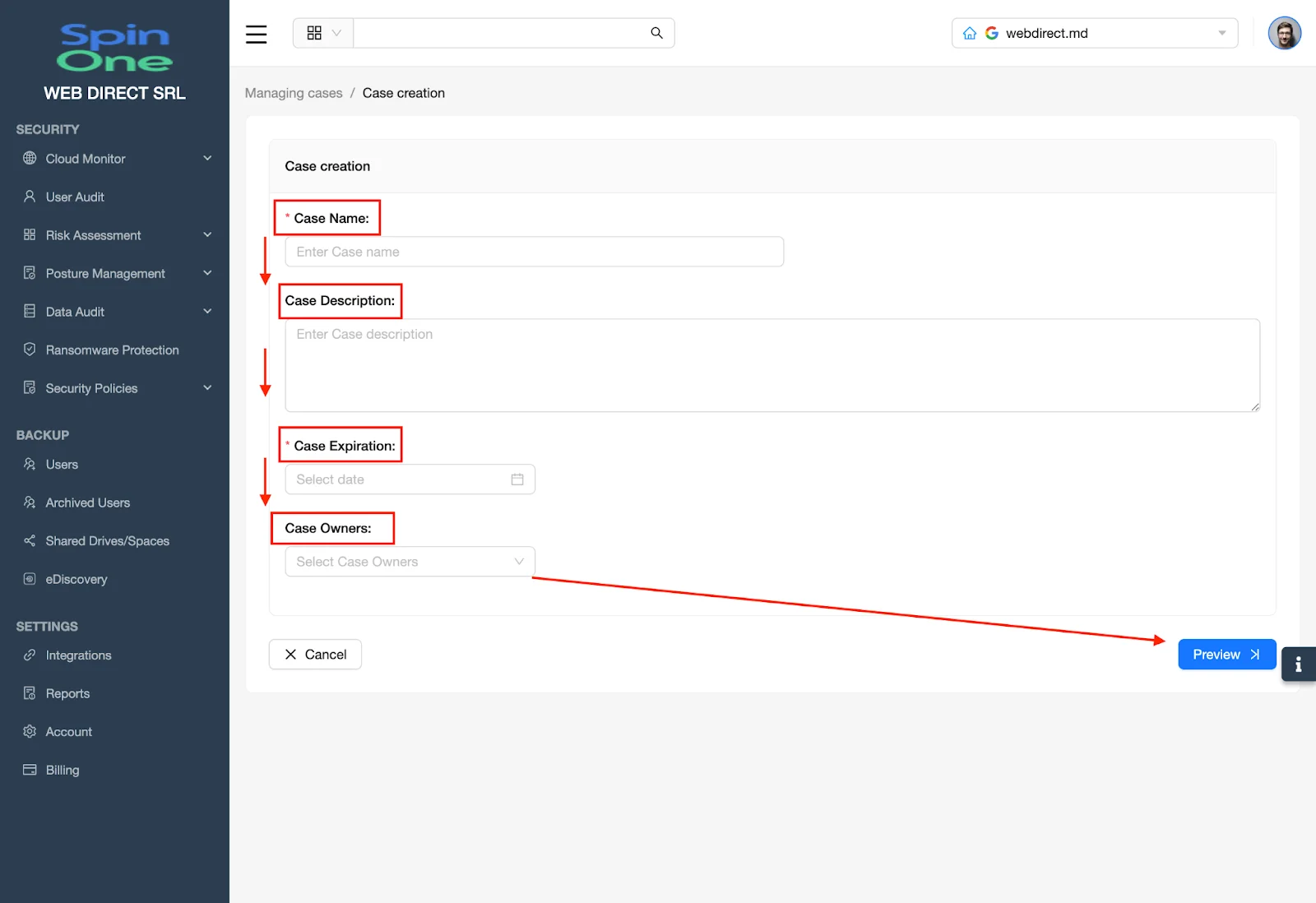 eDiscovery Dashboard - Managing Cases | Spin.AI Create a Case form showing Case Owner(s) selection.