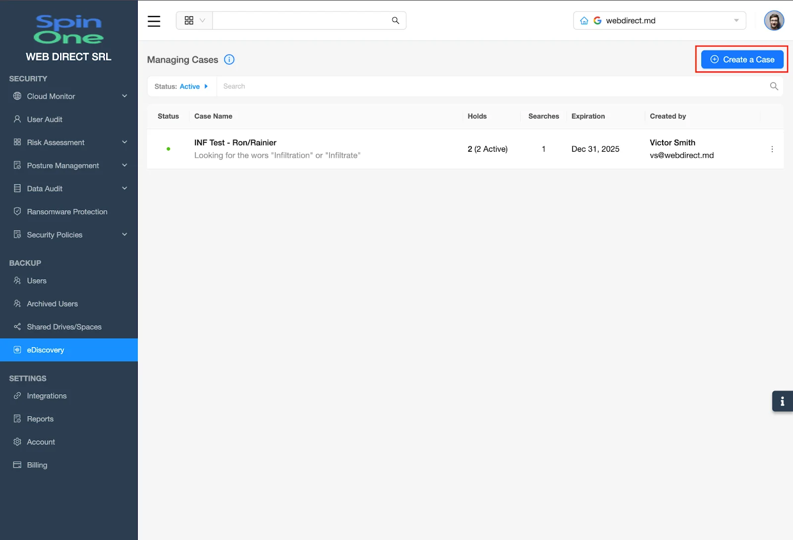 eDiscovery Dashboard - Create Case | Spin.AI eDiscovery Cases page with Create a Case button highlighted (top right).