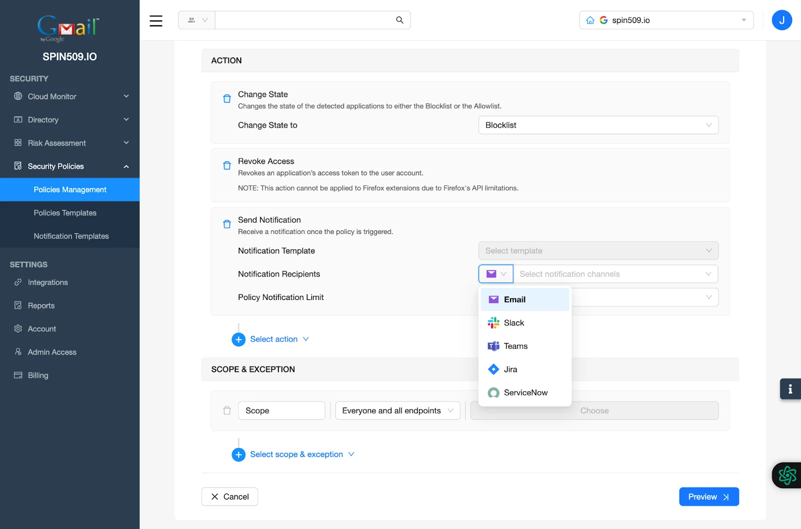 SpinCRX Dashboard - Policies Management - Notification Recipients | Spin.AI