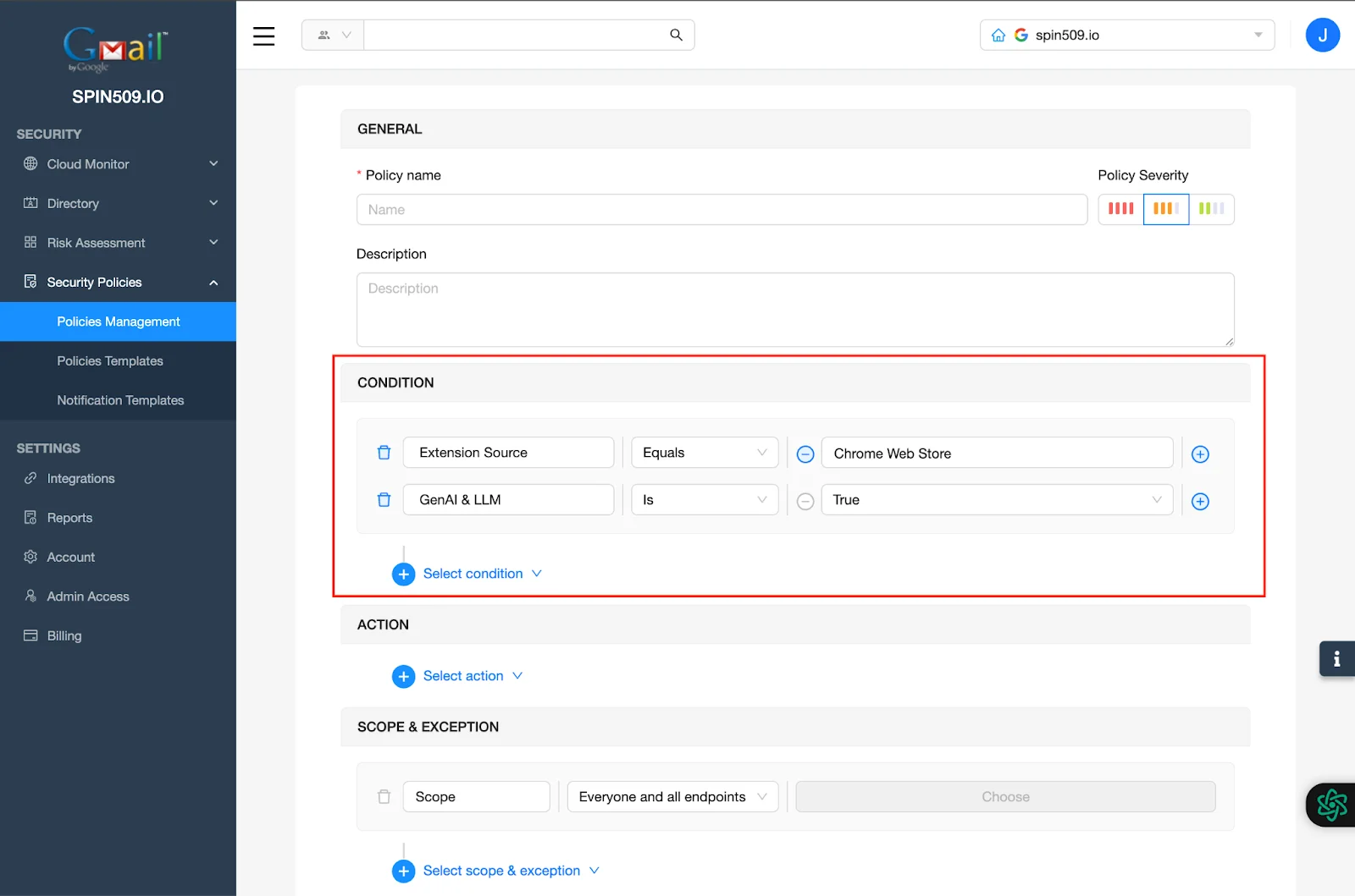 SpinCRX Dashboard - Policies Management - Change State - Block List | Spin.AI