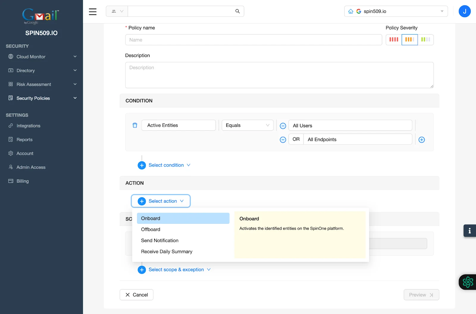 SpinCRX Dashboard - Action - Onboard | Spin.AI