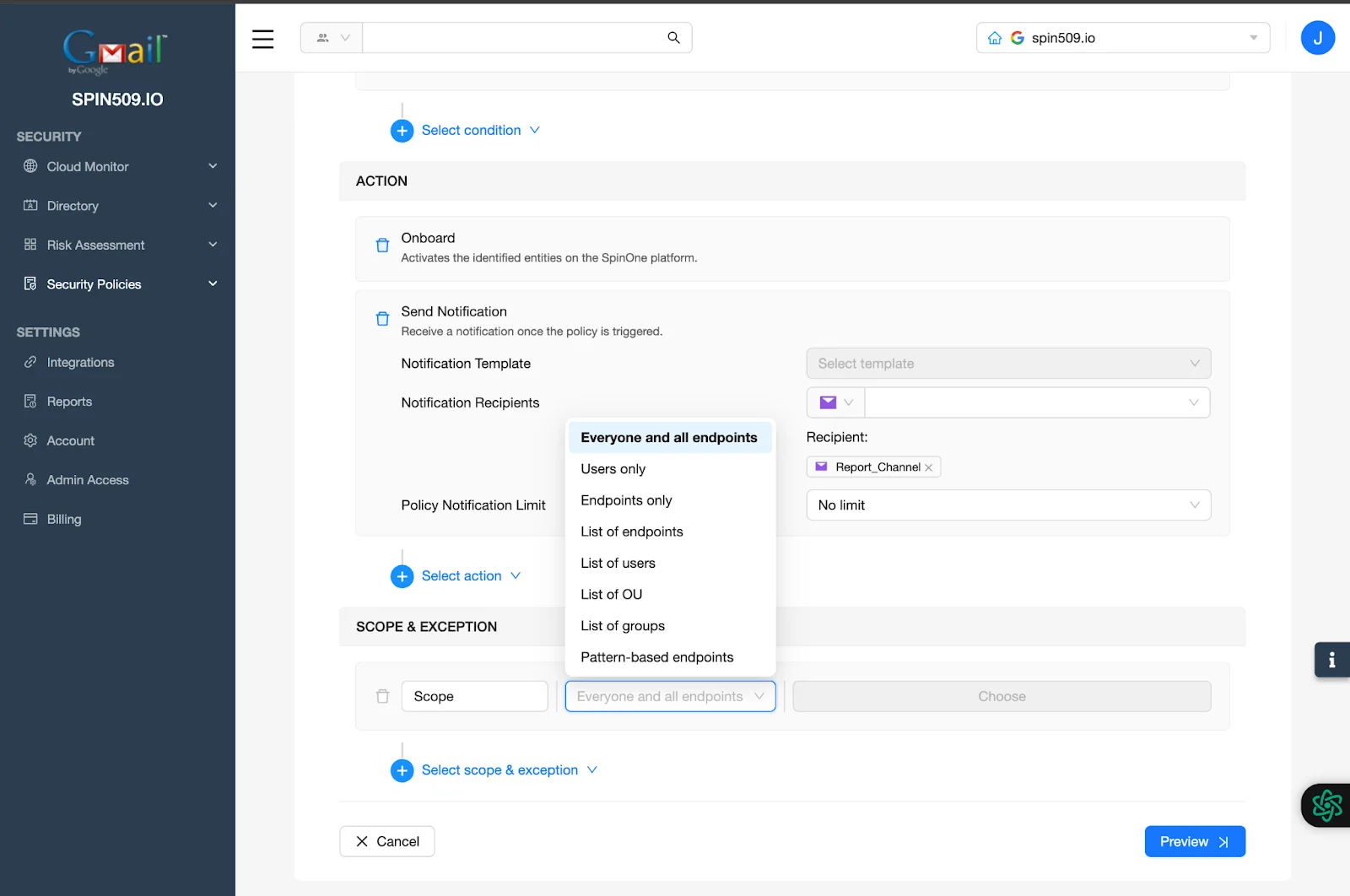 SpinCRX Dashboard - Security Policies -Everyone and all endpoints | Spin.AI