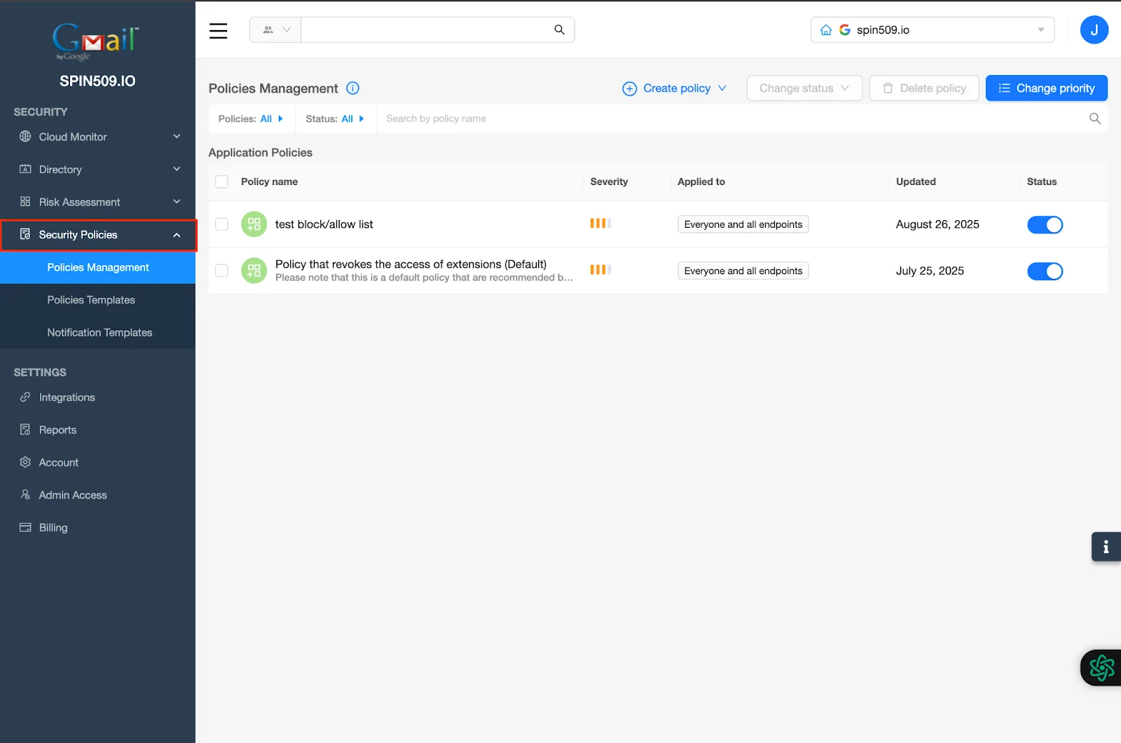SpinCRX Dashboard - Security Policies | Spin.AI