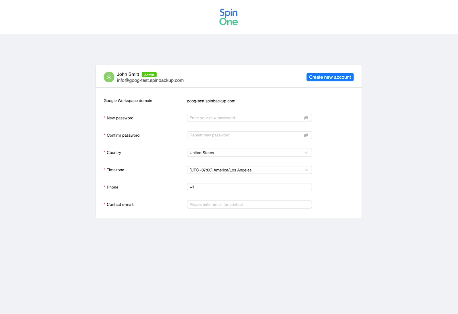 SpinOne Create New Account Window | Spin.AI