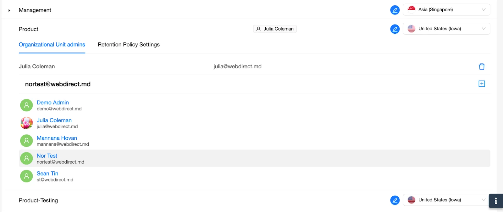 SpinOne Dashboard - Manage Organizational Unit Admins | Spin.AI Add admin to OU by clicking the + icon next to the user.