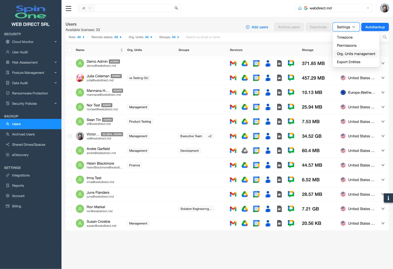 SpinOne Dashboard - Settings - Sec. Groups Management | Spin.AI Left navigation highlighting Users under the Backup section.
