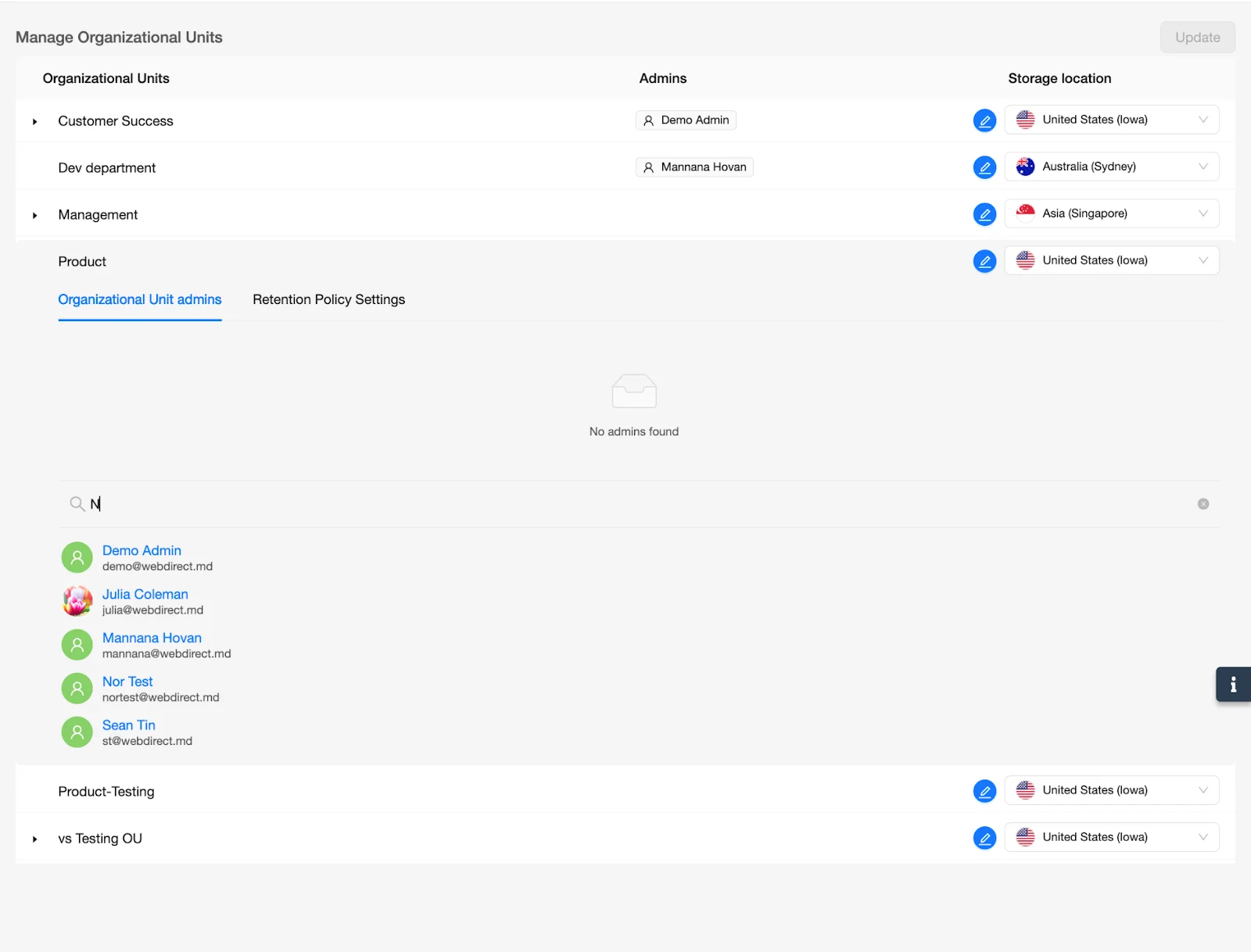 SpinOne Dashboard - Manage Organizational Unit | Spin.AI OU selection screen with search field to choose admin users for the OU.