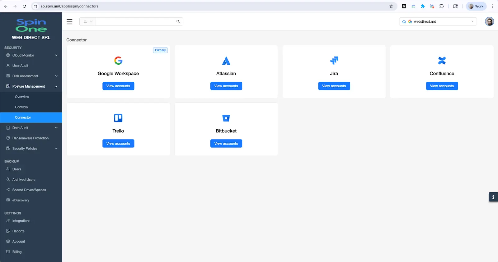 Select the Desired SaaS Application | Spin.AI SpinOne navigate to the Connectors page