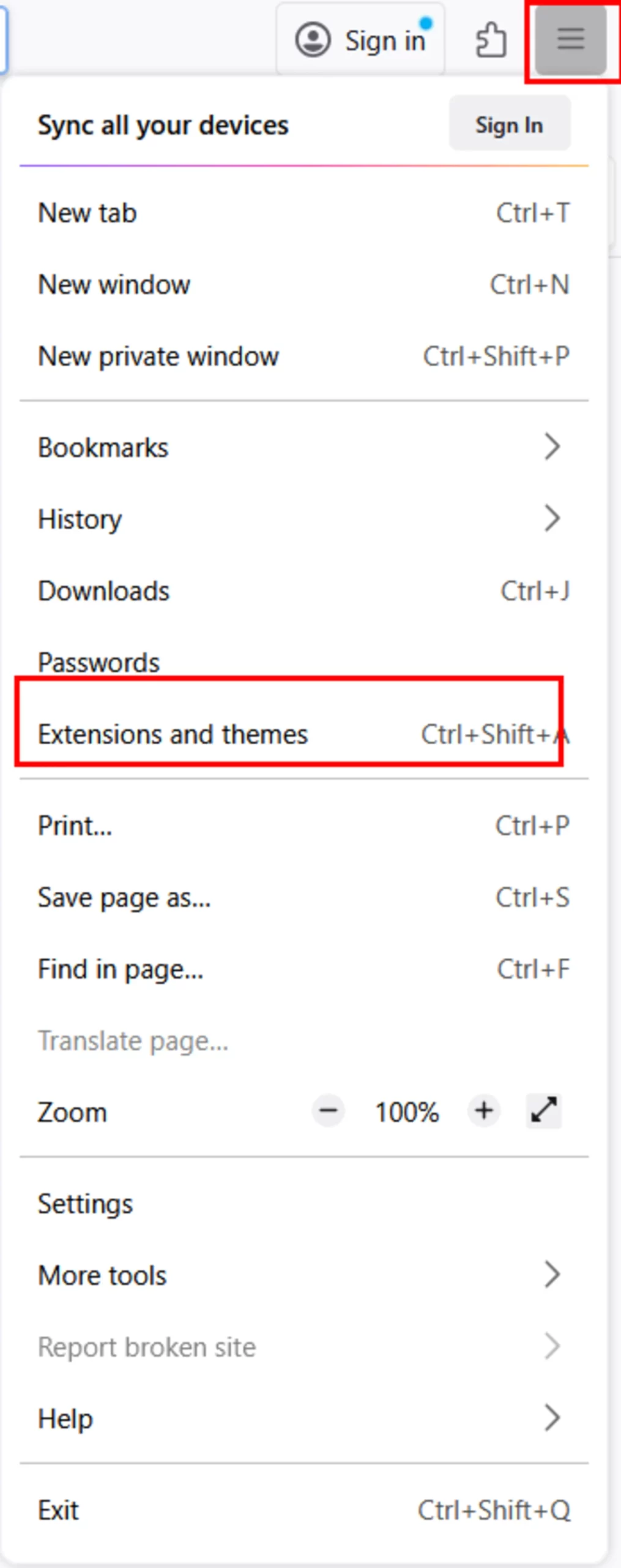 Access extension and themes in Firefox