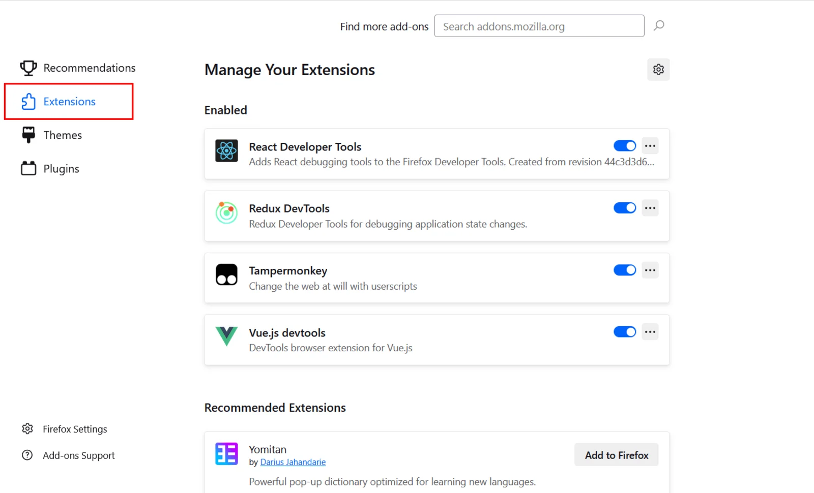 Manage extensions in Firefox