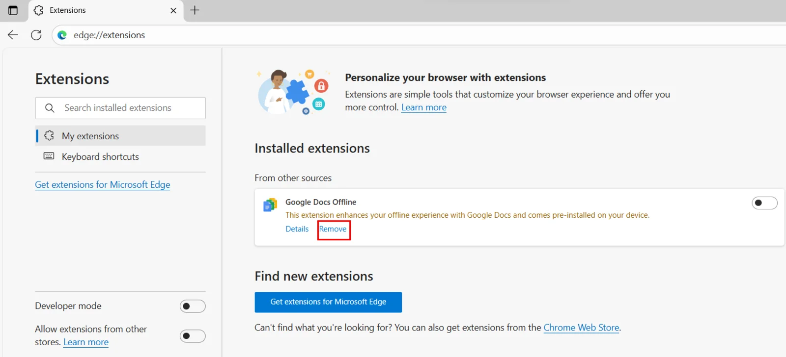 Click Remove to uninstall the extension