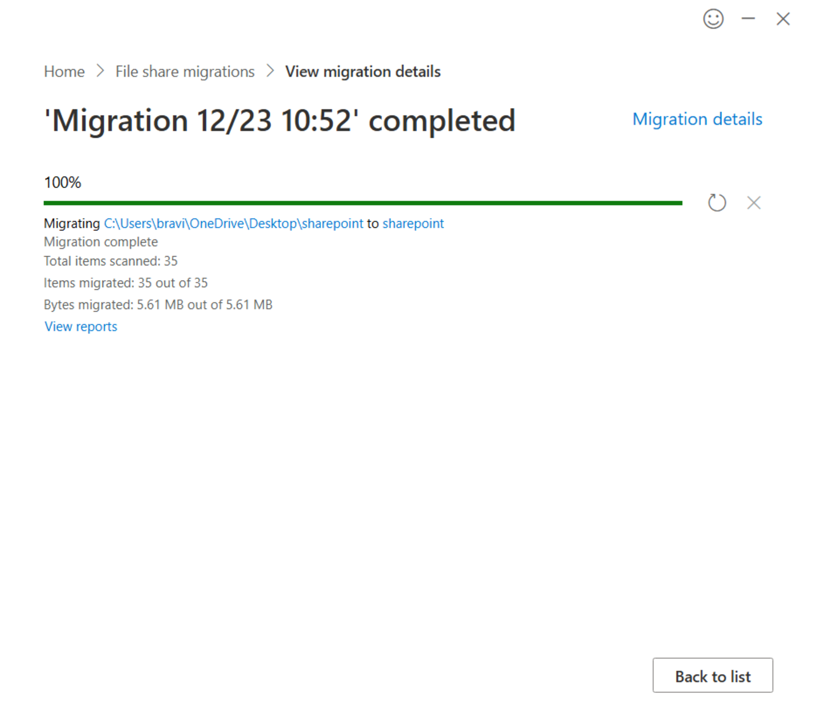 Details of the migration completed.