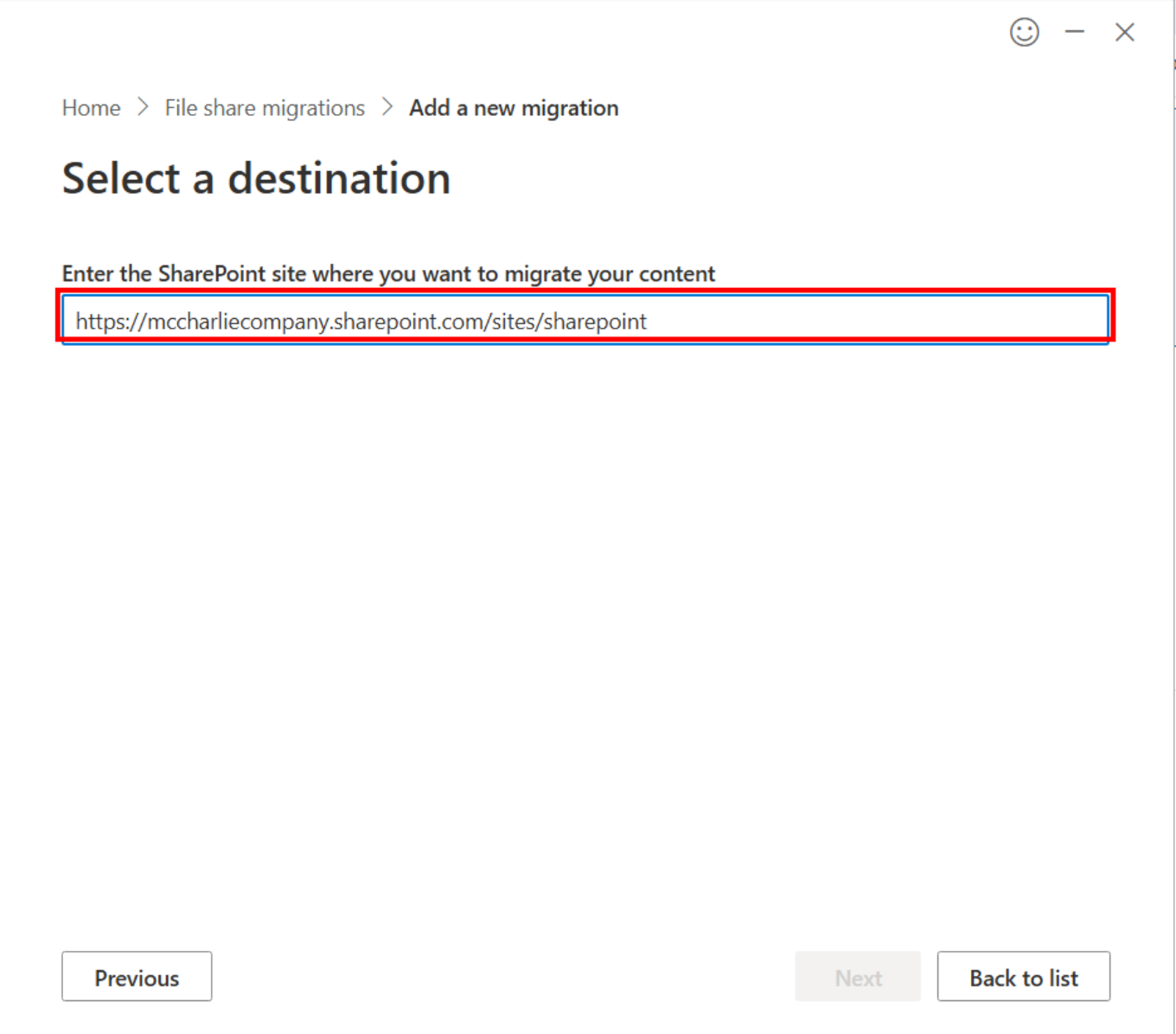 Enter the sharepoint site to migrate.