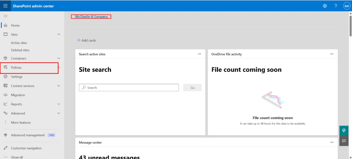 navigate to the policies of SharePoint Admin Center
