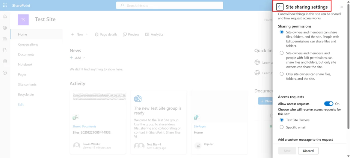 Site sharing settings