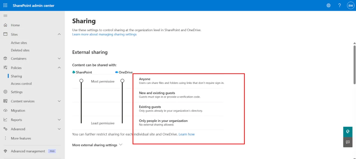Review the sharing slider for SharePoint and OneDrive