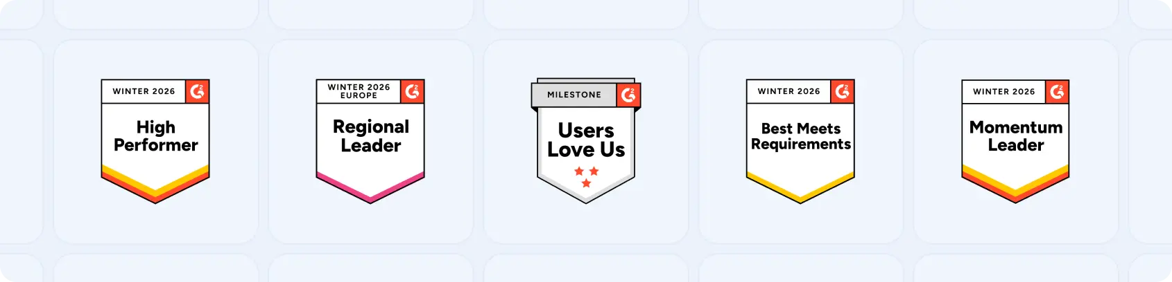 G2 Recognition Badges G2 badges showcasing industry recognition