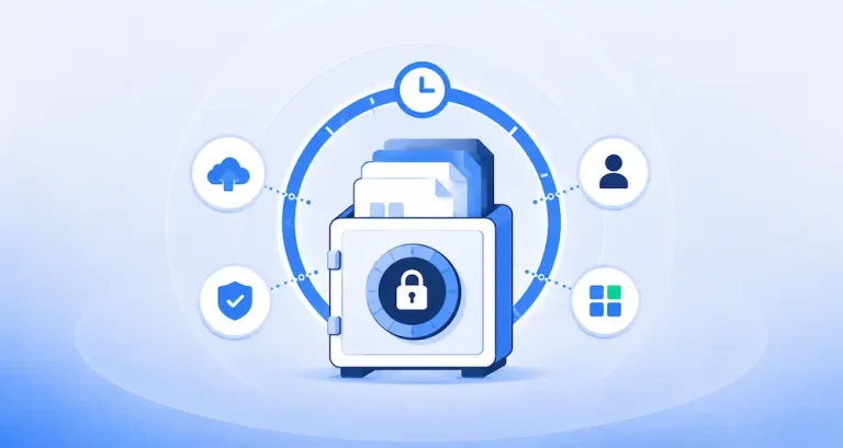 Explanation of Immutable Backup and Its Importance | Spin.AI Blue safe with stacked folders and a central lock, surrounded by cloud, user, shield, and app icons to show data security and backup.