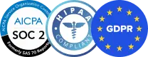 SOC 2 Type II · HIPAA · GDPR Collection of compliance badges: SOC 2, HIPAA, GDPR logos showing security and privacy standards.