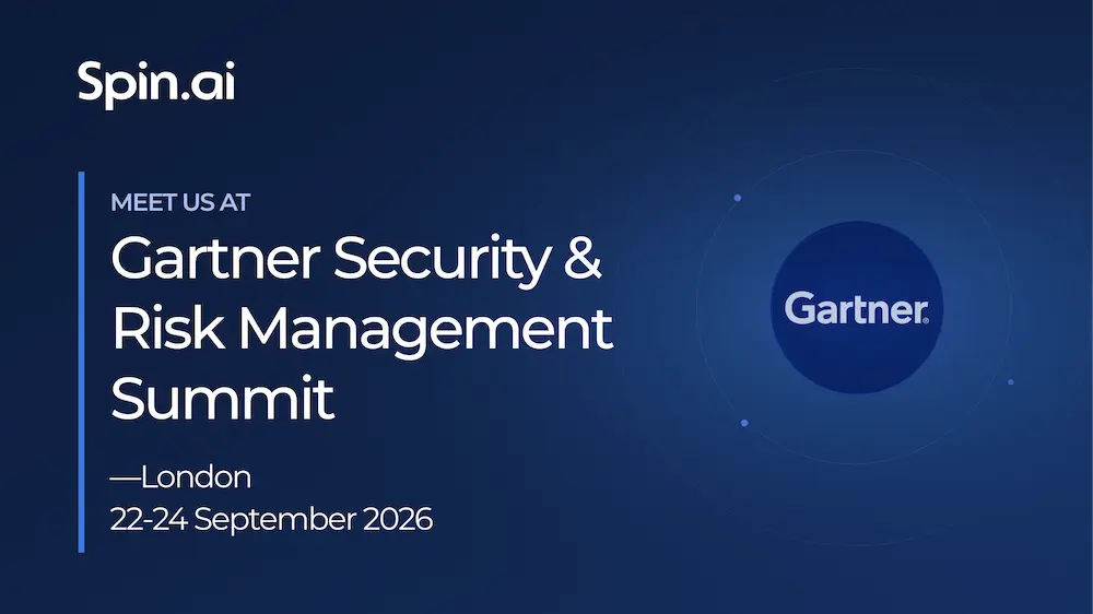 Spin.ai banner announcing Gartner Security & Risk Management Summit in London, September 22–24, 2026, with Gartner logo in blue.