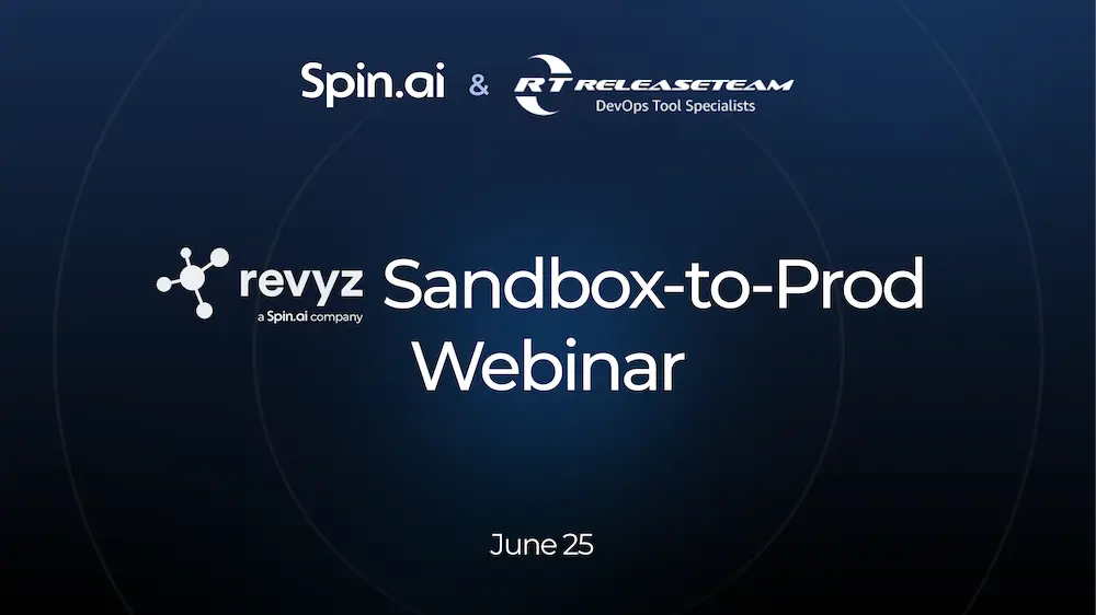 Dark blue webinar title slide with logos and the text 'Sandbox-to-Prod Webinar', June 25—branding from Spin.ai and RT ReleaseTeam.