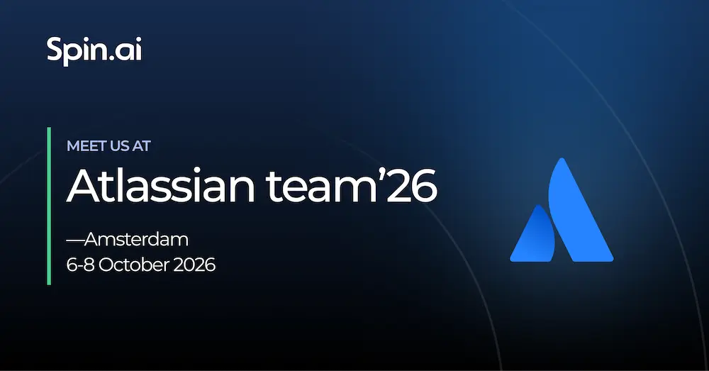 Spin.ai event banner announcing Atlassian Team'26 in Amsterdam, October 6–8, 2026, with the Atlassian logo on the right.