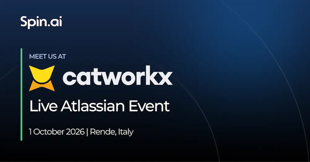 Spin.ai banner announcing a Live Atlassian Event with Catworkx in Rende, Italy on 1 October 2026.