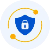 Audit Log Backup Blue shield with a white padlock icon, encircled by an orange arc and dots to symbolize security.