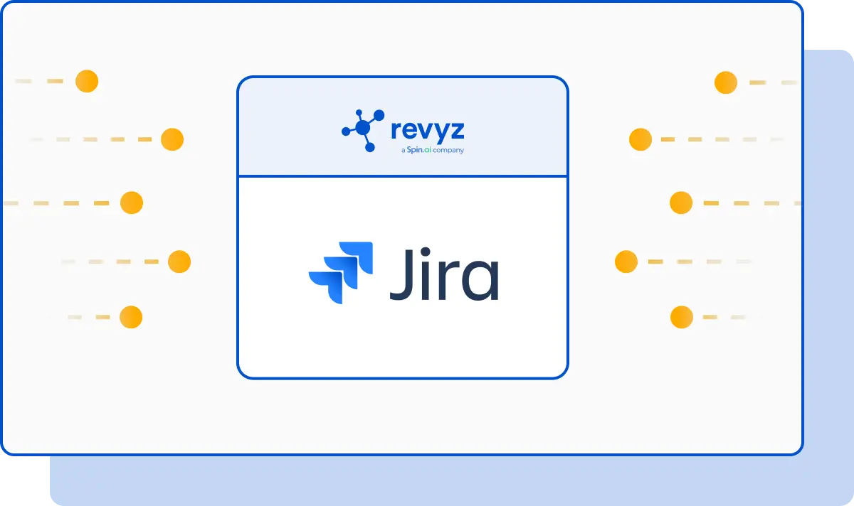 Confluence Integration Concept Two product logos, Revvyz and Jira, centered in a rounded card on a white panel with blue border and decorative orange dots on each side—illustrating an integration or partnership angle.