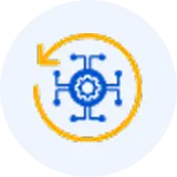 Third-Party App Data Backup Blue central gear hub with spokes and gears, surrounded by yellow circular arrows, symbolizing system synchronization or integration.